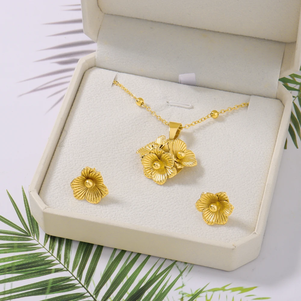 

Women Necklace Earrings Jewelry Set Exquisite Flower Pendant Gold Plated Luxury Nigeria Wedding Women's Day gift