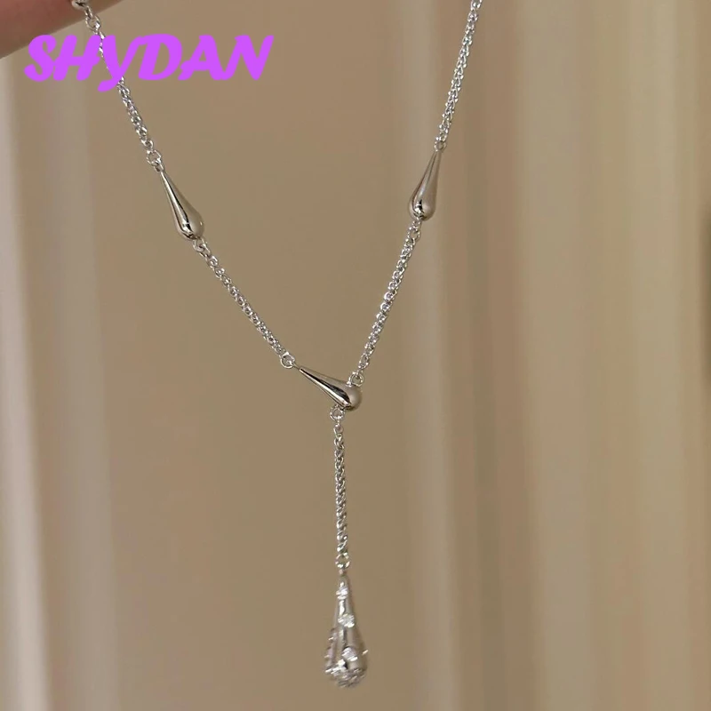 SHYDAN 925 Sterling Silber Wassertropfen Lange Kettenhalskette für Damen Modeschmuck