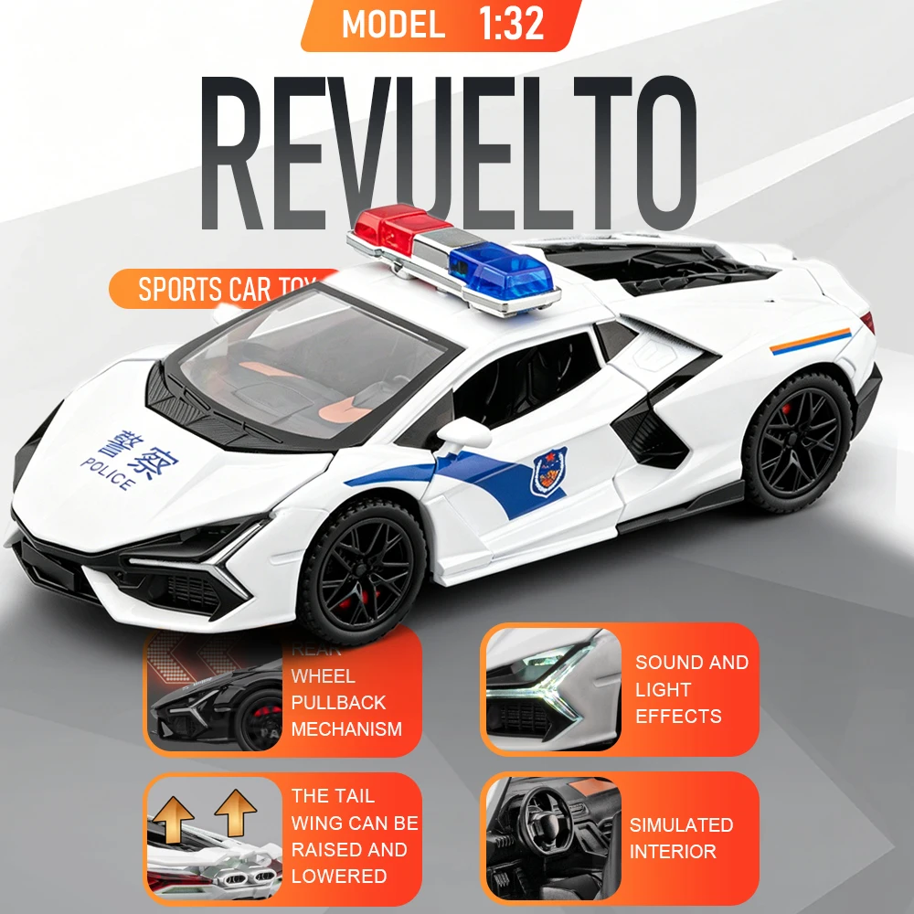 

1:32 Revuelto SVJ63 Model Toy Sports Cars Alloy Diecast Sound Light Doors Opened Pull Back Police Car Educational Toys for Kids