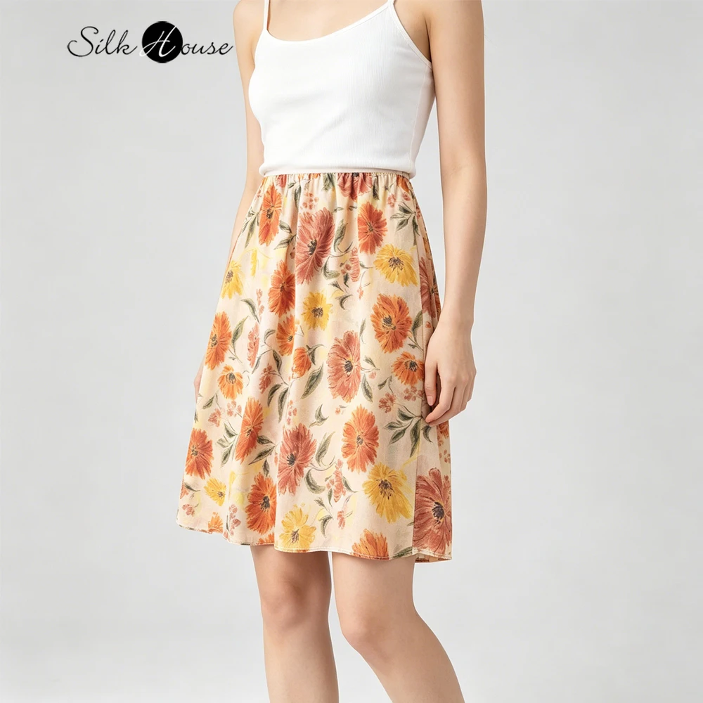 Women's Casual Summer New 100% Natural Mulberry Silk Crepe De Chine Elastic Waist Printed Straight Tube Skirt