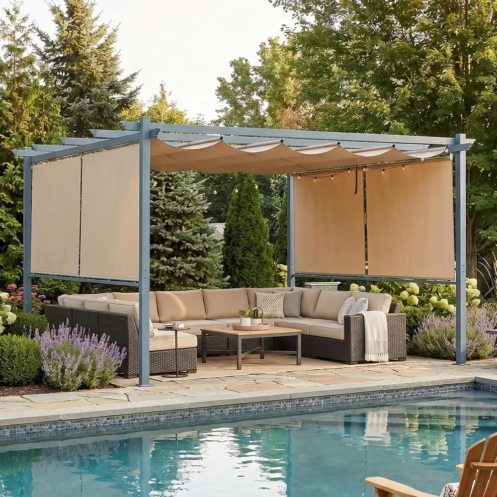 10 x 12 Outdoor Pergola with Retractable Shade, Matte, 4 Roller Shade Curtains, Grape Trellis, Patio, Backyard, Garden, Deck, Br