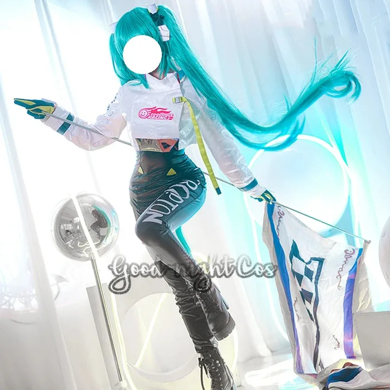 Anime Racing Miku 2022, kostiumy Cosplay, peruka, kombinezon wyścigowy, mundurek, body, seksowne PU skórzane kostiumy na Halloween dla kobiet