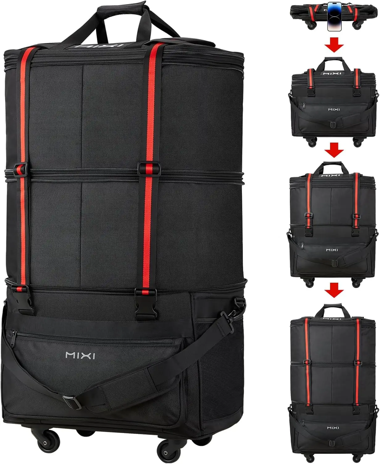 Expandable Foldable Luggage Bag with Wheels, Large Capacity Rolling Travel Duffel for Men and Women, Black