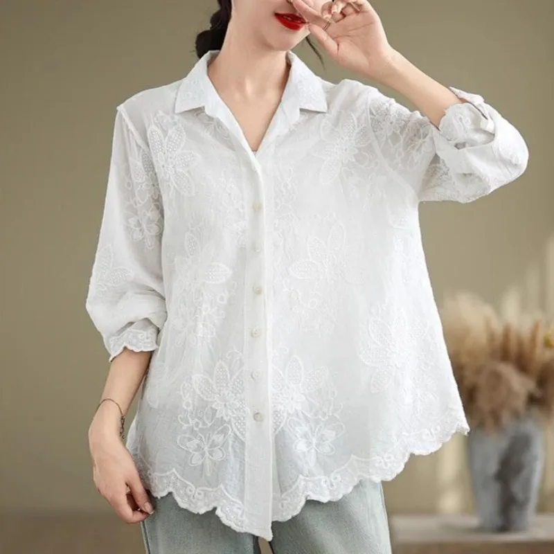 DIMANAF 2024 Spring Shirt Women Lace Blouse Short Sleeve Fashion Tops Tees Loose White Tees New