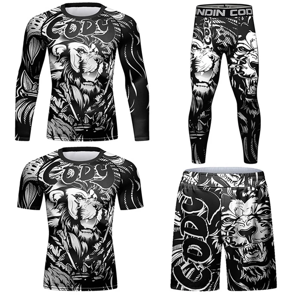 MMA Muay Thai Tracksuit Compression Boxing Sport Shirt Pants Set Men's Jiu Jitsu Running Sportswear Workout Fitness Gym Clothing