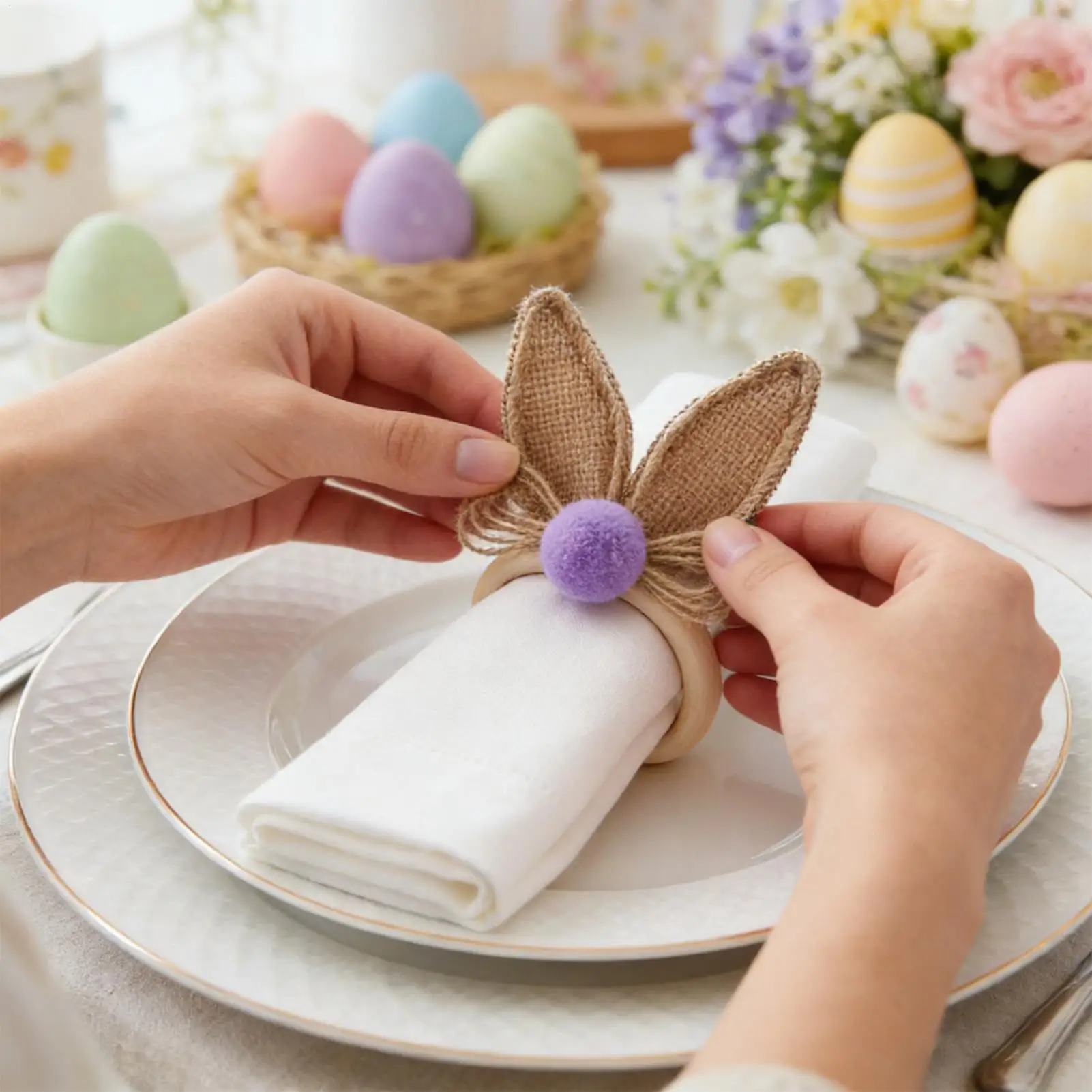 6pcs Easter Circle Napkin Ring Rabbit Ears Decoration Durable Color Napkin Buckle Restaurant Bar Wedding Home Table Accessories