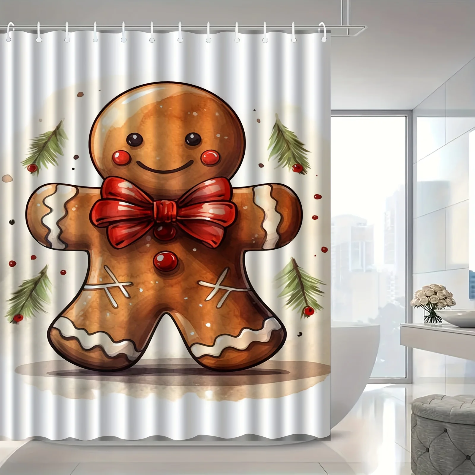 JIT1pcs Christmas Gingerbread for Man Cute Cartoon Shower Curtain, High-end Elegant Bathroom Curtain, Bathroom Decoration Patter