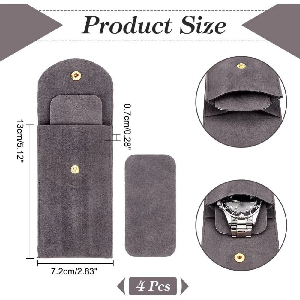 4 Pcs Slate Gray Velvet Watch Pouch Single Watch Storage Bag Watch Travel Case Portable Organizer with Flip Cover