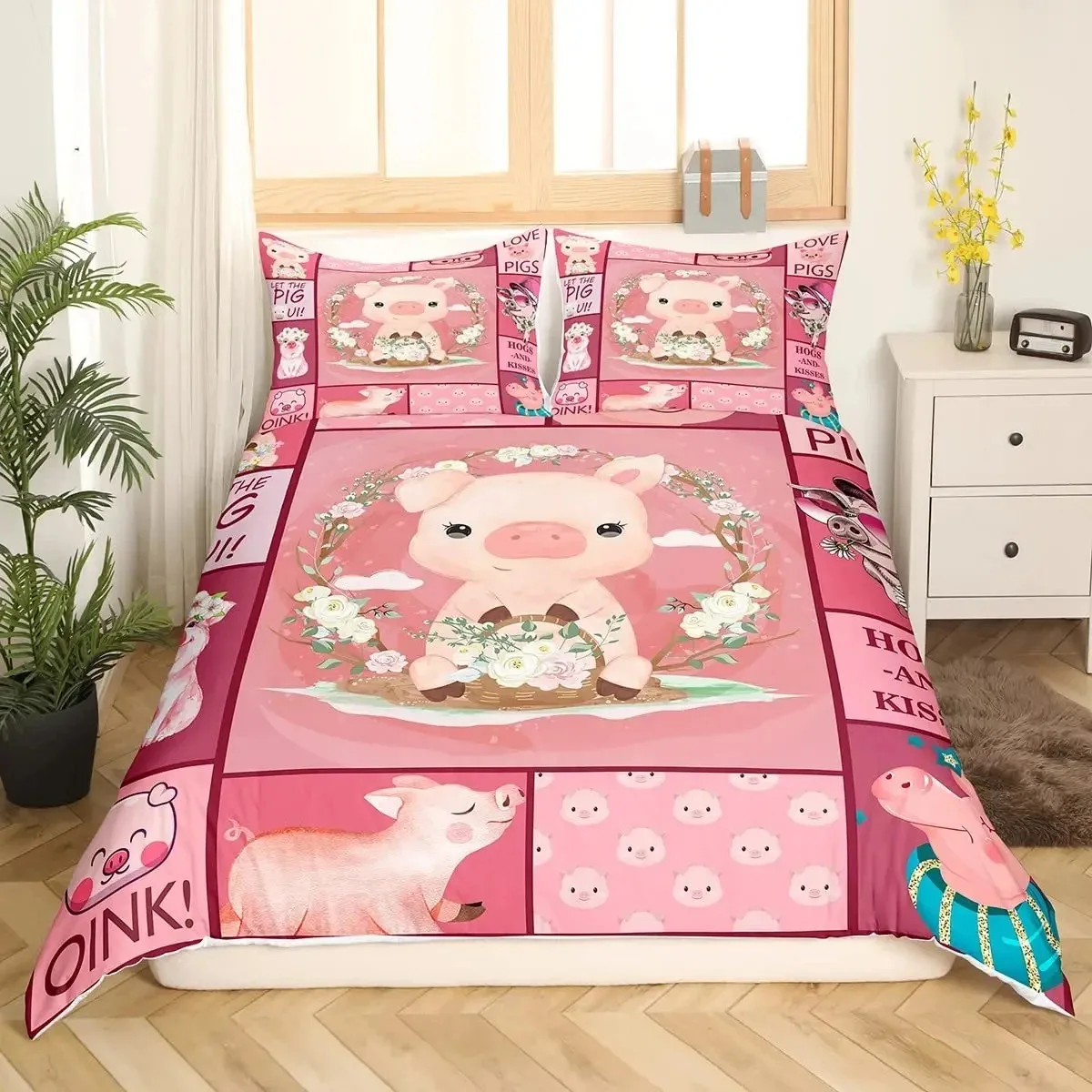 Pink Pig Duvet Cover King Queen Size Cartoon Farm Animal Bedding Set for Kids Yellow Sunflowers Polyester Comforter Cover