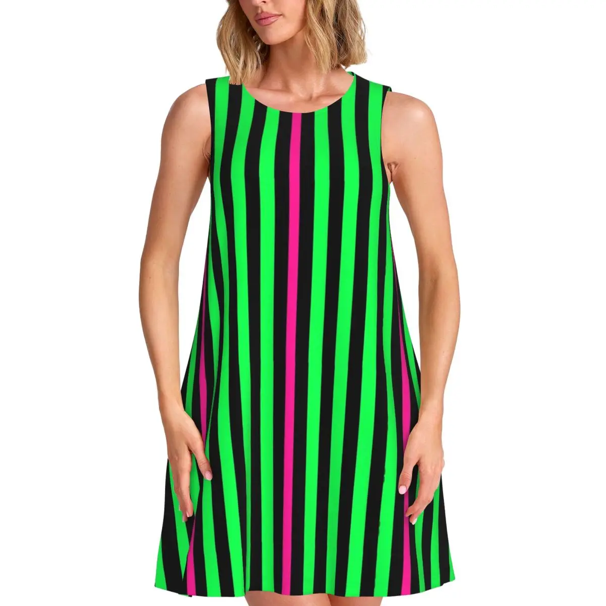 Colorblock Dress Neon Green Stripes Boho Beach Dresses Summer Basic Oversized Tank Dress Cheap Ladies Print Vestidos