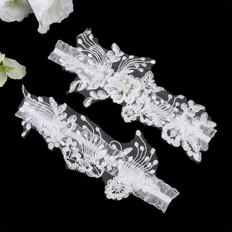 2pcs Sexy Lace Flowers Pearls Garters Wedding Elastic Bridal Leg Loop Photography Props Party Accessories