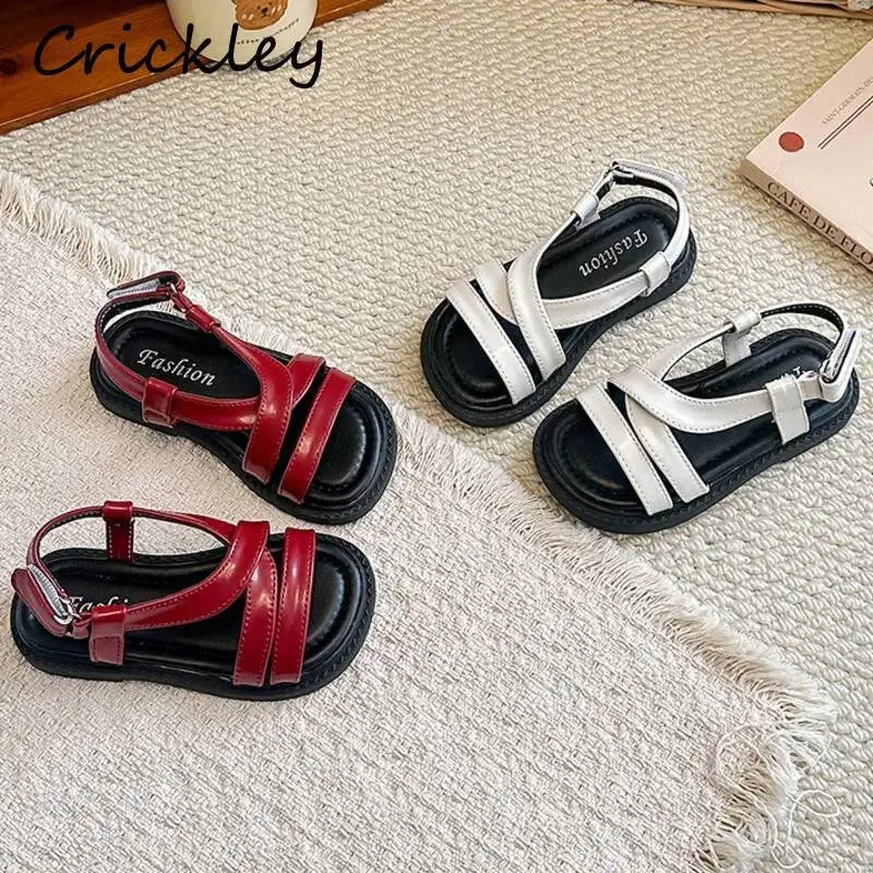 

Solid Cross Straps Kids Gladiator Shoes PU Leather Hook Loop Girls Sandals Summer Soft Sole Barefoot Children Sandals