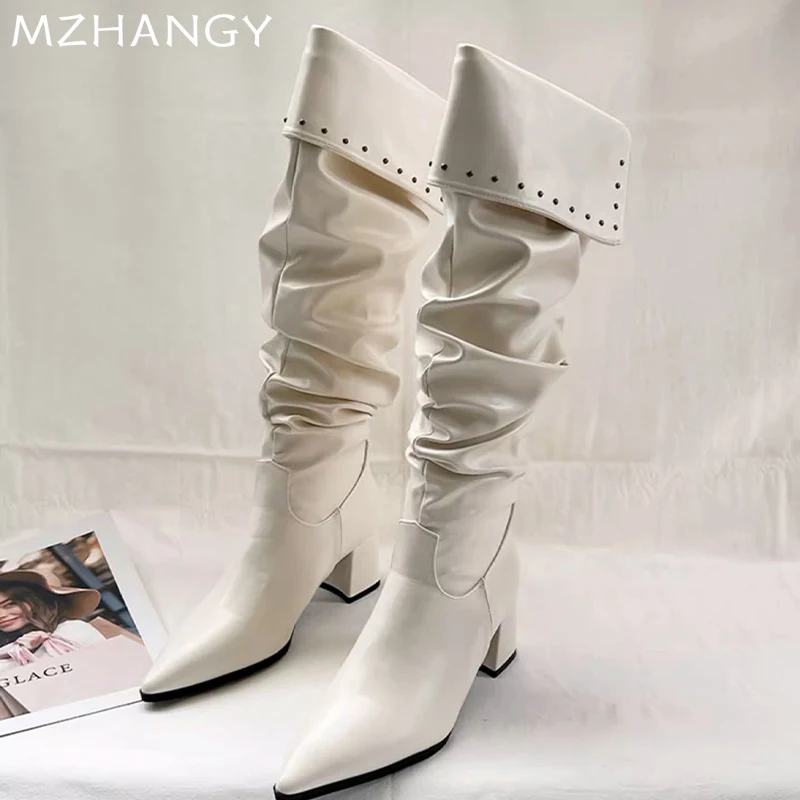 Stivali alti grossi da donna in pelle scarpe con tacco alto a punta Sexy inverno 2024 stivali Chelsea firmati di tendenza décolleté New Mujer Botas