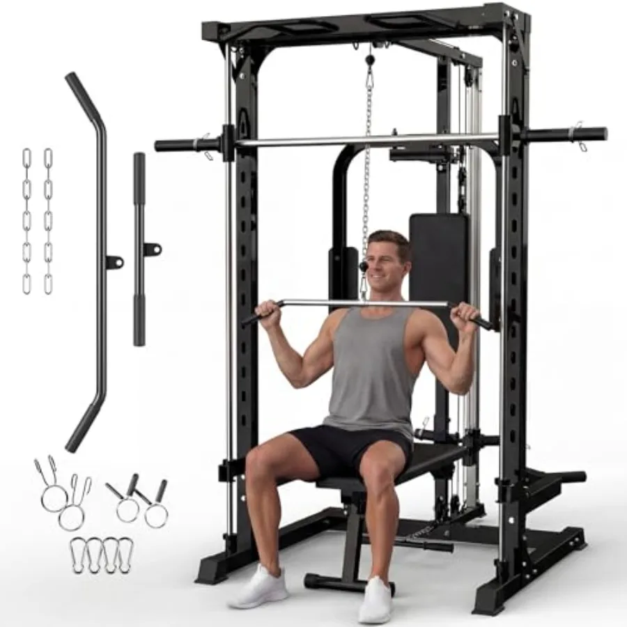 

Тренажер Смита с силовой рамой, стойкой для приседаний, тяговой системой LAT Pulldown, станцией для жима лежа и другими тренировочными приспособлениями