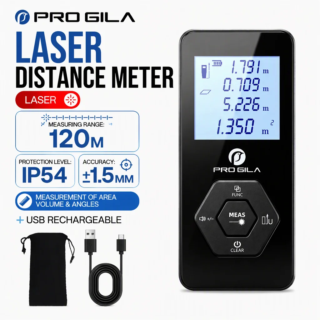 PROGILA Laser Distance Meter 120M Red Laser Rangefinder Rechargeable Digital Tape Measure Area Volume Distance Measuring Tool