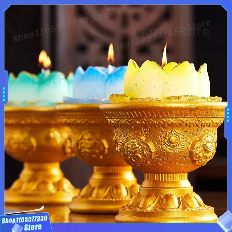 Tall Ceramic Candle Lamp Gold Bowl Lotus Design Eight Auspicious Treasures Ingot Shape Multi Color Buddhist Offering Light