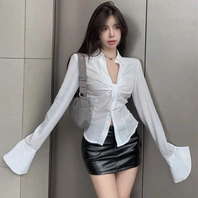 Women Elegant White Shirt Summer Sexy V Neck Folds Chic Crop Blouses Korean Streetwear Flared Long Sleeve Tops New