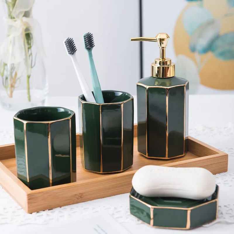 

Dark Green Ceramic Bathroom Wash Set Mouthwash Cup Bathroom Toiletries Bathroom Accessories Home Furnishings Lotion Bottle