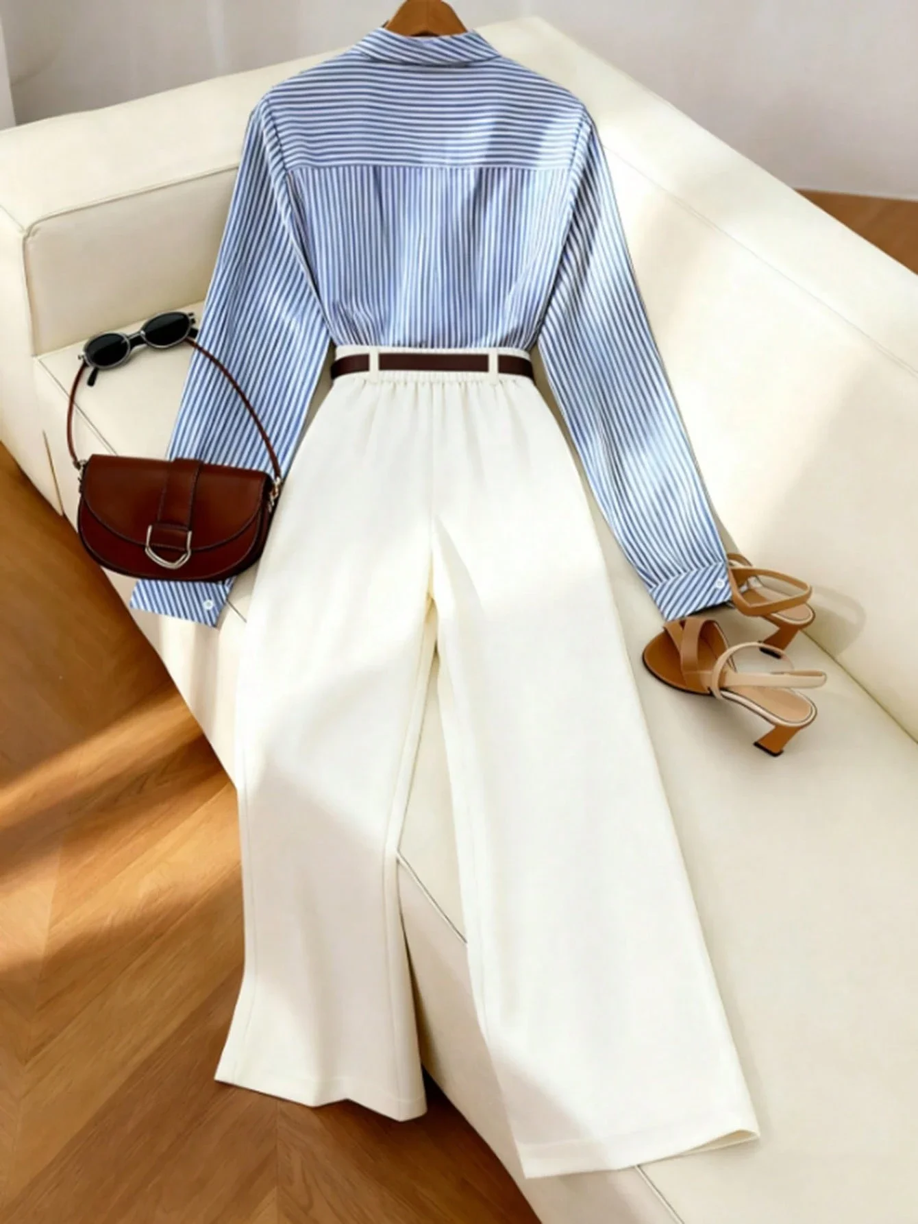 

Striped Long Sleeve Shirt And Wide Leg Pants 2 Piece Set