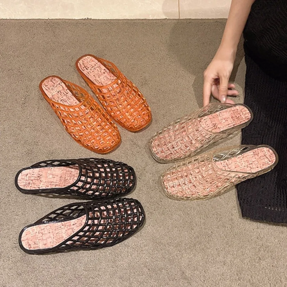 Round Toe PVC Crystal Slippers Soft Transparent Fishing Net Jelly Sandals Flat Low Bottom Non-Slip DIY Shoes Charms Shoes