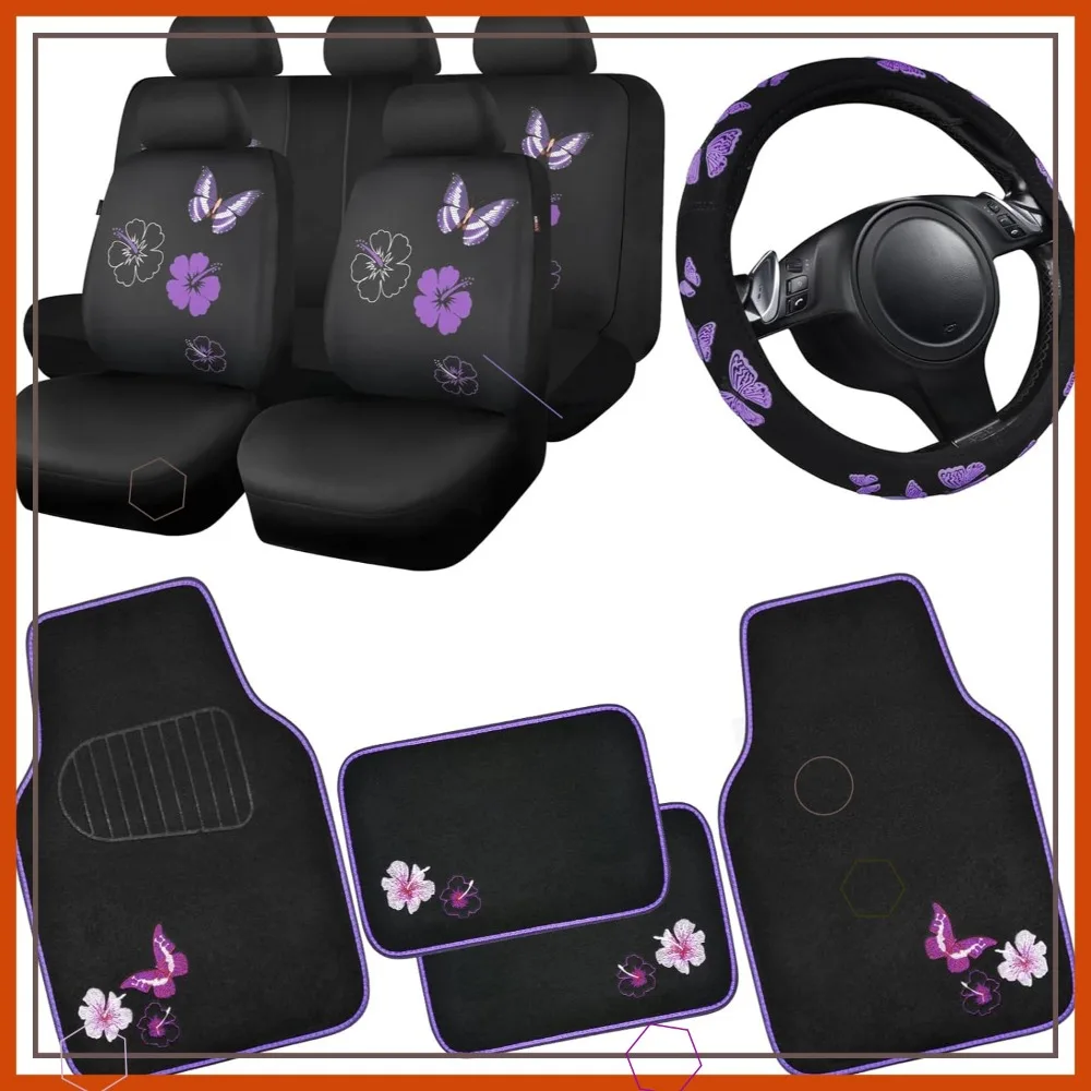 

Universal Butterfly Car Seat Covers Full Set, Waterproof Floor Mats, Steering Wheel Cover in Black and Purple