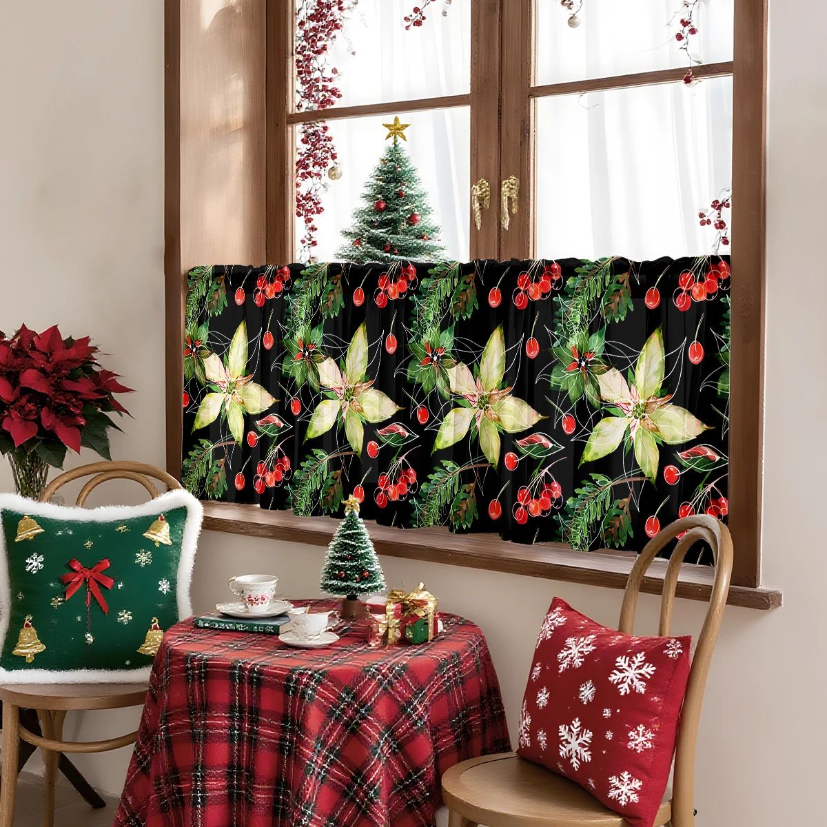 1 Piece Black Background with Red Fruits and Green Floral Design Kitchen Curtains, Rod Pocket Christmas Decorative Curtains, Suitable for Kitchen, Bedroom, Study, Cafe, Living Room, Home Decoration