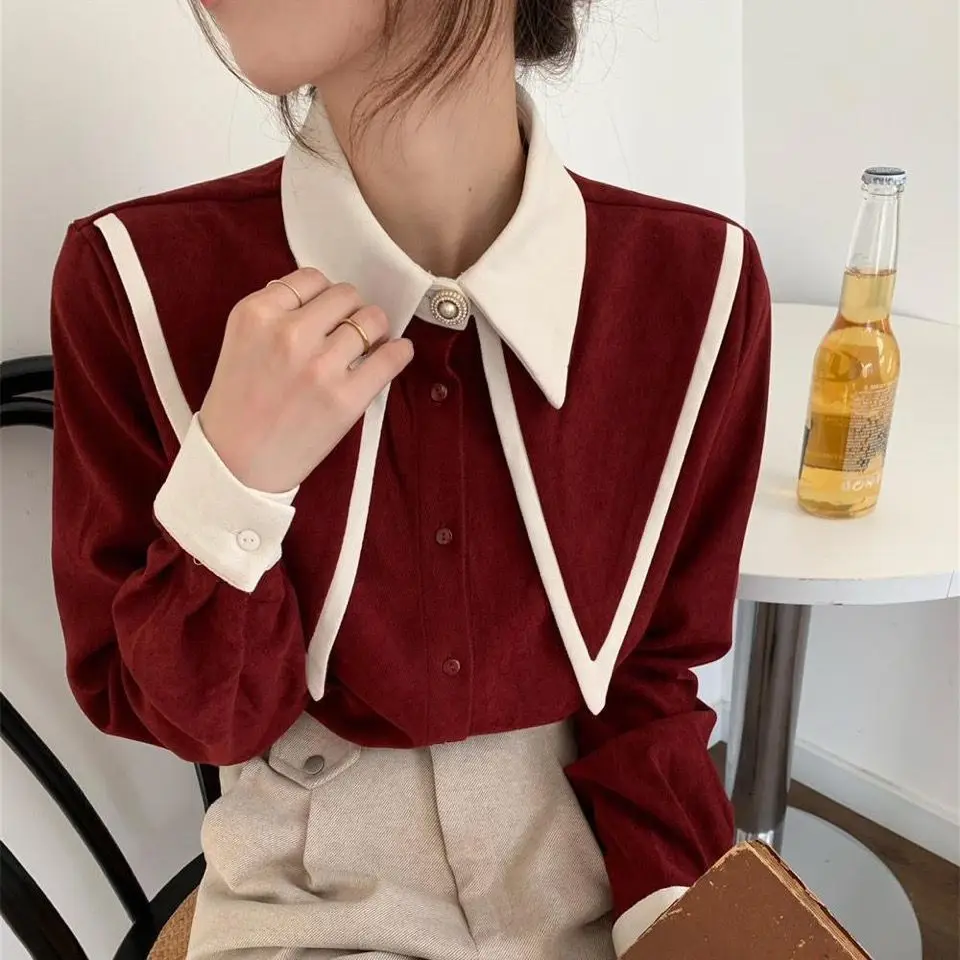 Coreano Chiffon stile Preppy sottile contrasto di colore colletto Peter Pan monopetto camicia donna grande perline per unghie manica lunga 3XL