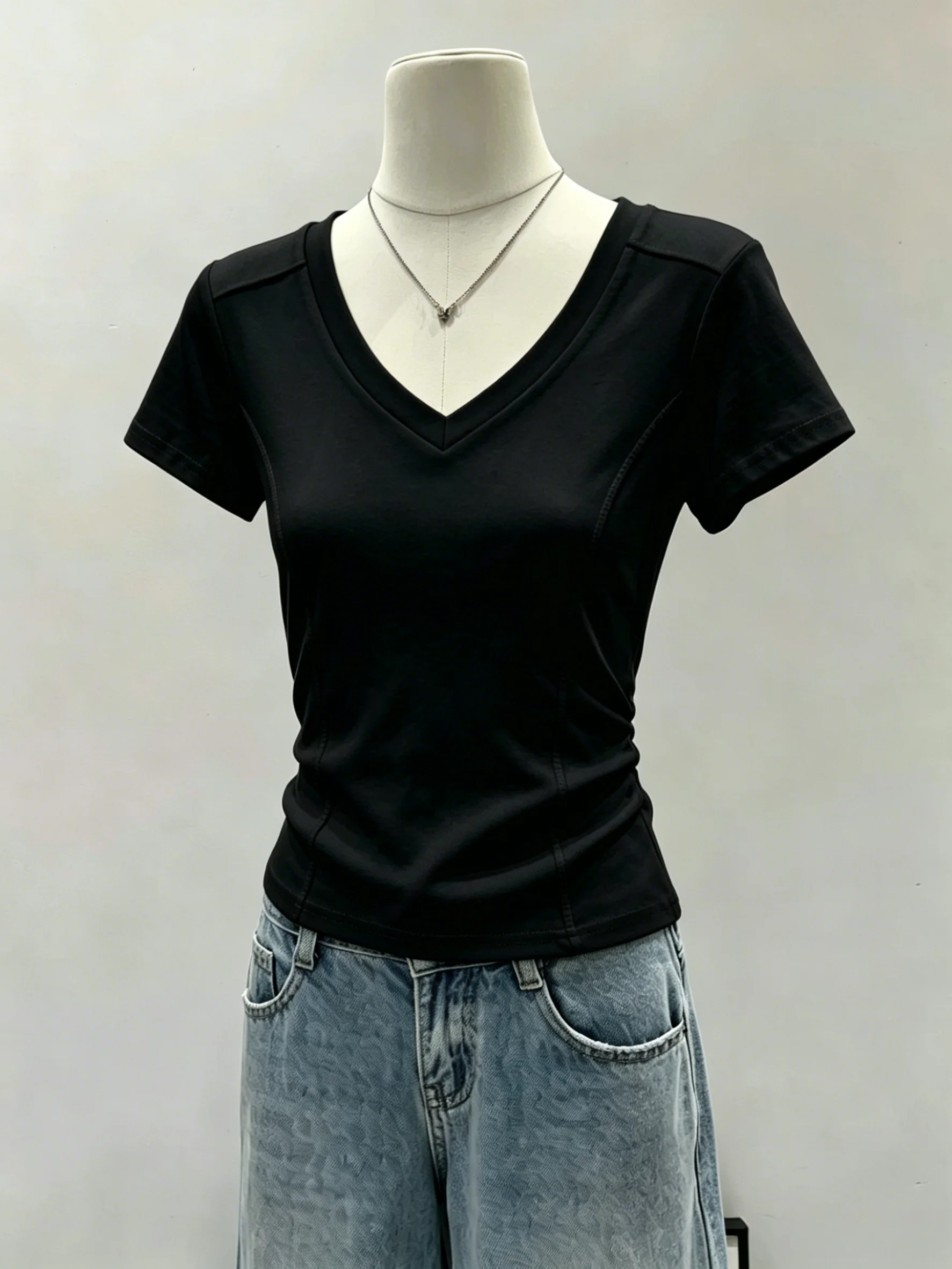 Slim Fit V-Neck Fishbone Short Sleeve T-Shirt 95 Cotton  Color Shoulder Appropriate Versatile Summer Top for plus Size W...