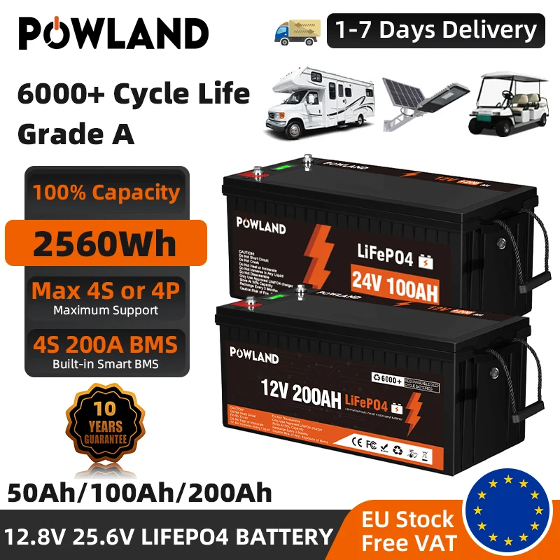 POWLAND LiFePO4 12V 200Ah 100Ah 300Ah Battery Pack 25.6V 2560Wh GradeA 6000+Cycles IP65 For RV Solar Rechargeable Battery NO TAX