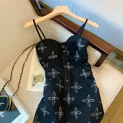 Black Sexy Spaghetti Strap Dress Women's Sleeveless Fashion Sweet Girl Hip Wrap Skirt Printing Single-breasted Pocket Mini Skirt