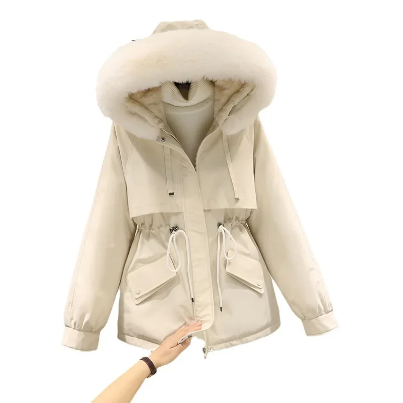 Autumn Winter Commuting Style Women's Parkas 2023 Winter New Hooded Fur Collar Plush Cotton Jacket Regular Zipper Women Clothing