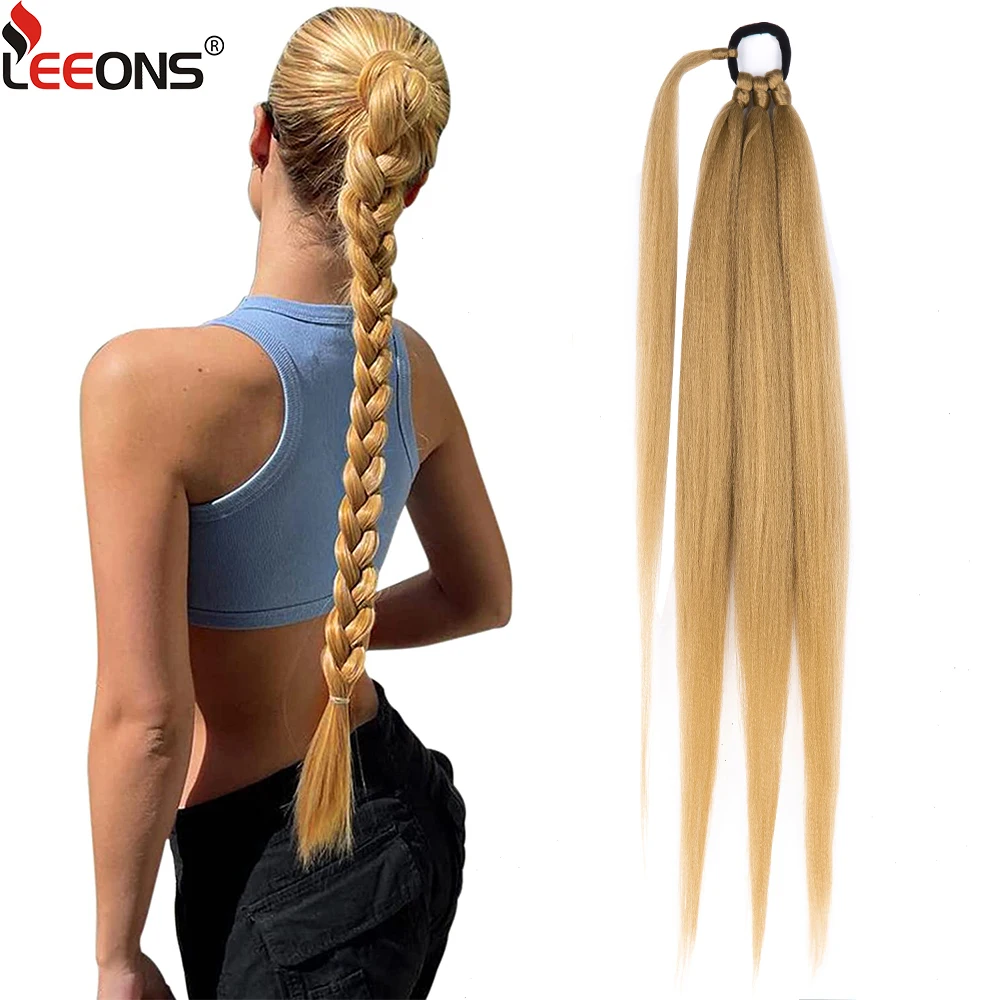 

26" Ponytail Long Yaki Straight DIY Braided Ponytail With Hair Tie Wrap Around Braid Hair Extensions Black Synthetic Hairpiece