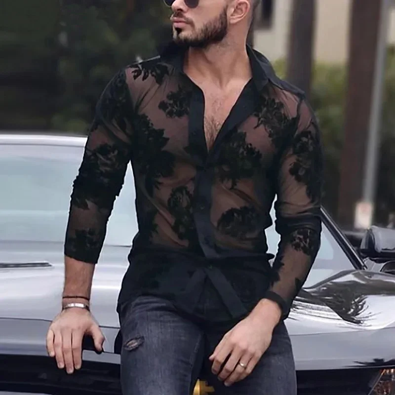 Fashion New Sprg and Autumn Men's Breathable Lace Long Sleeve Mesh Shirt Transparent Party Sexy Mesh Trendy Shirt camisas