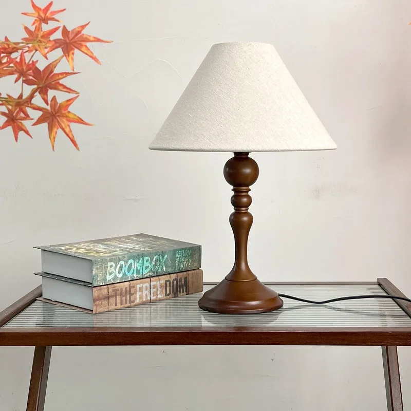 American Retro Wooden Roman Column Table Lamps White Fabric Lampshade Living Room Bedroom Restaurant Office Reading Desk Lights