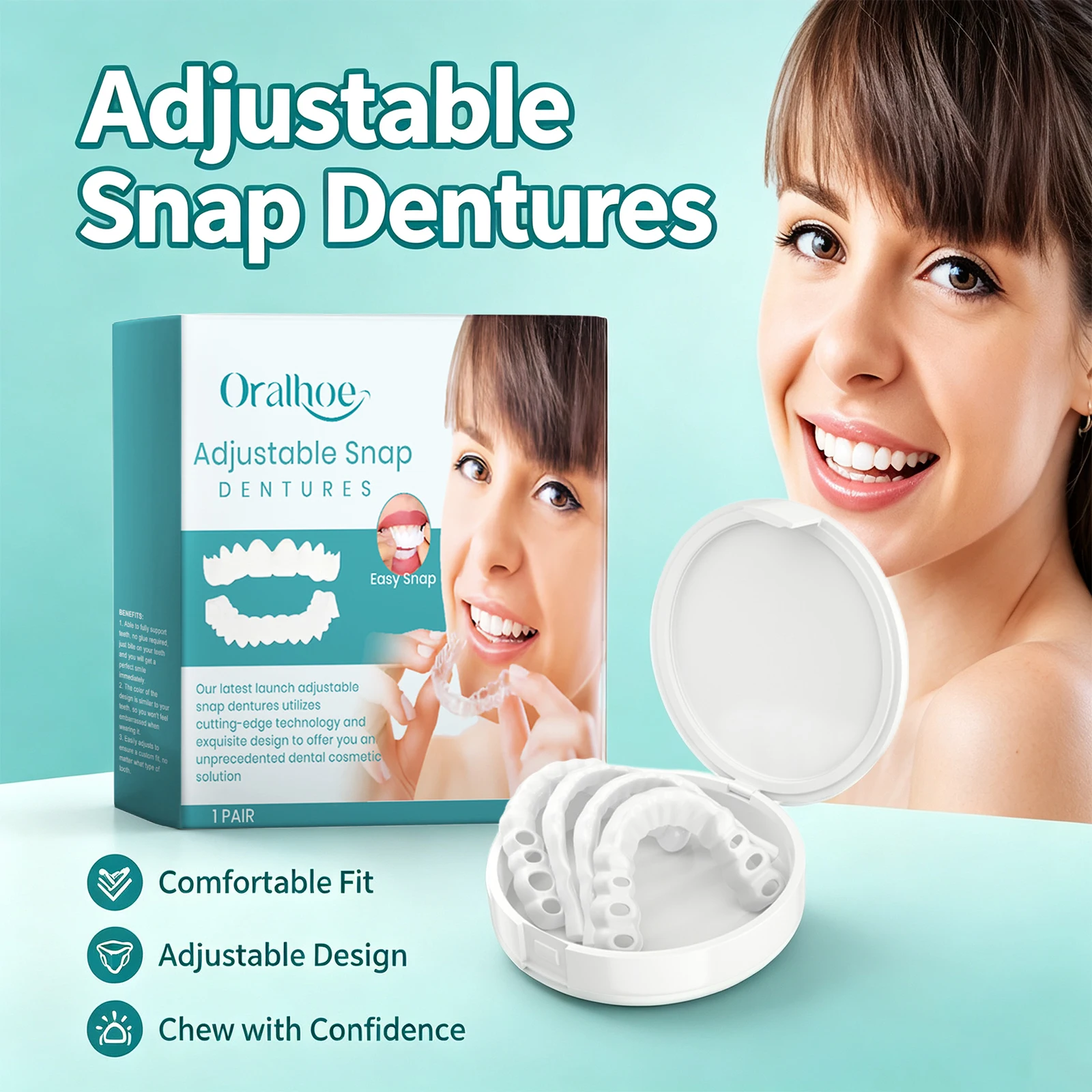 Adjustable Snap Dentures for Missing Teeth Filling Repair Broken Secure Grip Natural Chewing Upper or Lower Jaw with Storage Box