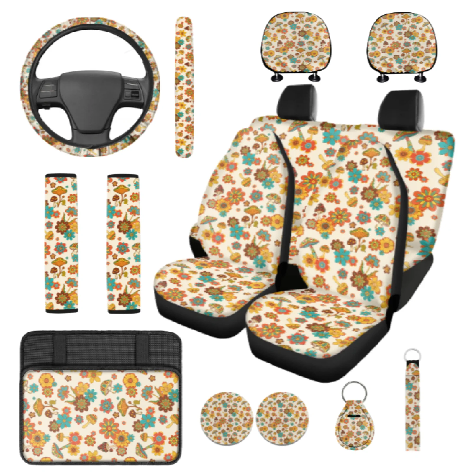 Coloranimal Retro Mushroom 14 Pcs Automobile Seat Cover Sets with Full Set Car Armrest Cover and Key Pendant for Auto Interior