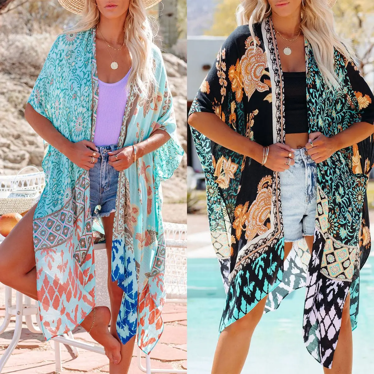 Summer European and American Women's Clothing New Vacation Beach Cover Shirt Chiffon Printed Cardigan Kimono Shawl