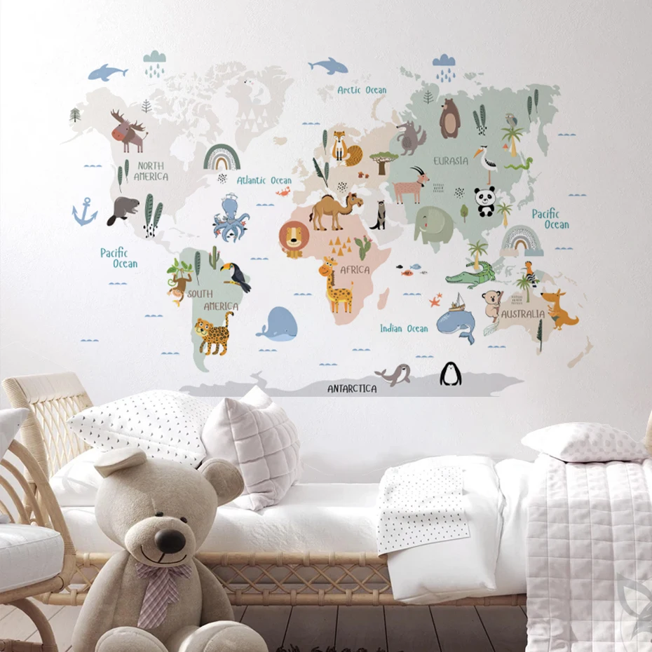

Cartoon Wildlife Animals World Map Watercolor Wall Sticker Nursery Child Room Wall Art Decal Kids Room Bedroom Living Home Decor