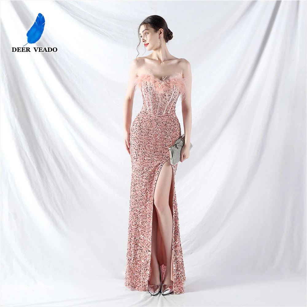 

DEERVEADO Sexy Mermaid Slit Sequins Evening Dress with Feathers Women's Chic Wedding Party Dresses Formal Occasion Dress