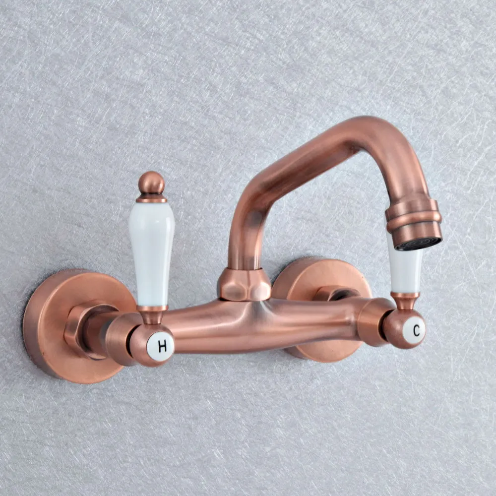 

Antique Red Copper Washbasin Faucet Wall Mounted Kitchen Sink Faucet Swivel Spout Bathroom Basin Cold and Hot Water Taps Dsf879