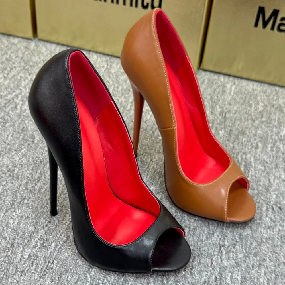Matte Leather 16cm High Heels,Women Pumps,Handmade Small Fishmouth Shoes,Shallow Out,Slip On,Size 46,Brown,Black,Custom Colors