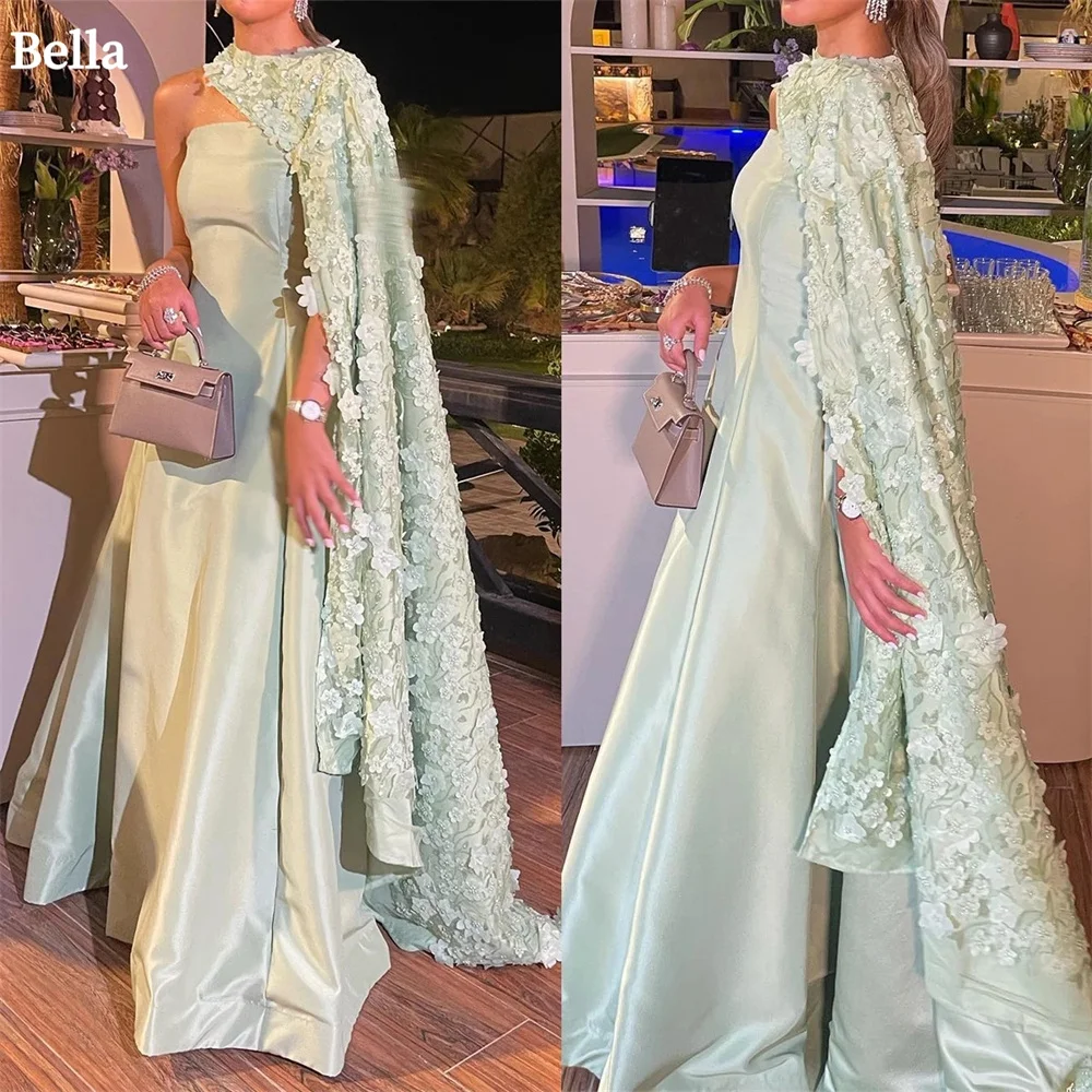 Bella Green Satin Prom Dresses Detachable Shawl 3D Flowers Wedding Dress Elegant Sleeveless Floor-Length Vestidos De Fiesta 2024