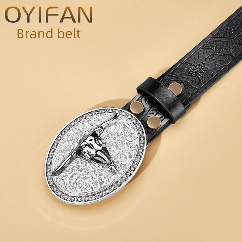 Women's Cowboy Belt Western Leather Buckle Belts Cowboy Longhorn Bull Pattern Buckle Belt Floral Engraved Buckle Belt for Men