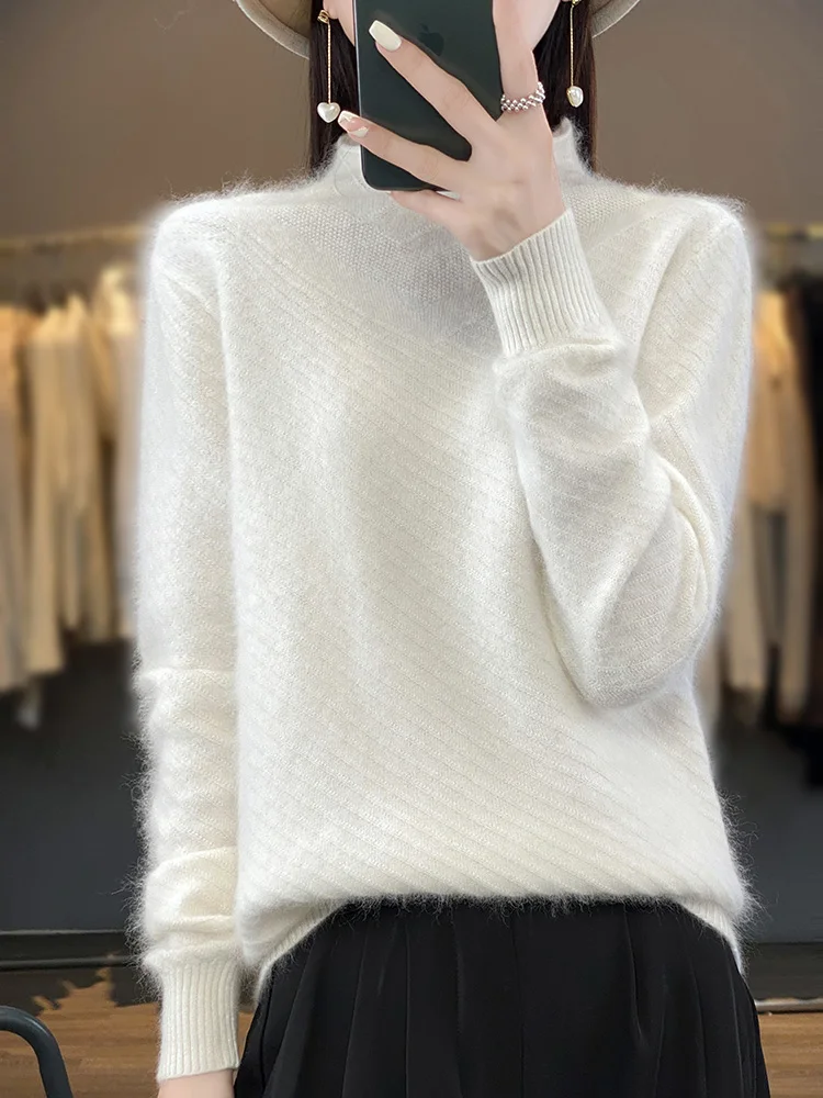 

Fashion Autumn Winter Soft Warm Women Mink Cashmere Pullovers Long Sleeve Curled Collar Sweater Pure Color Jumper Female Clothes