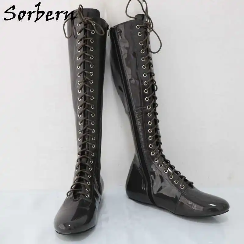 Sorbern Unisex Style Black Shiny Women Flat Heel Boots Round Toe Lace Up Big Size 34-48 Custom Wide Or Slim Calf