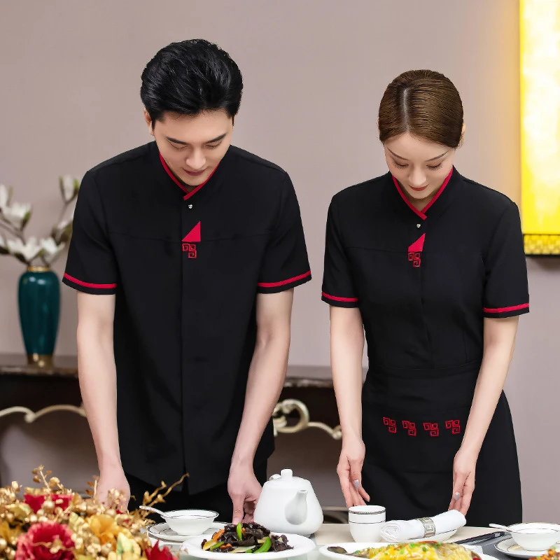 女性用半袖ホテルレストラン制服、バーベキュー＆鍋料理店スタッフ向け夏用サービスウェア