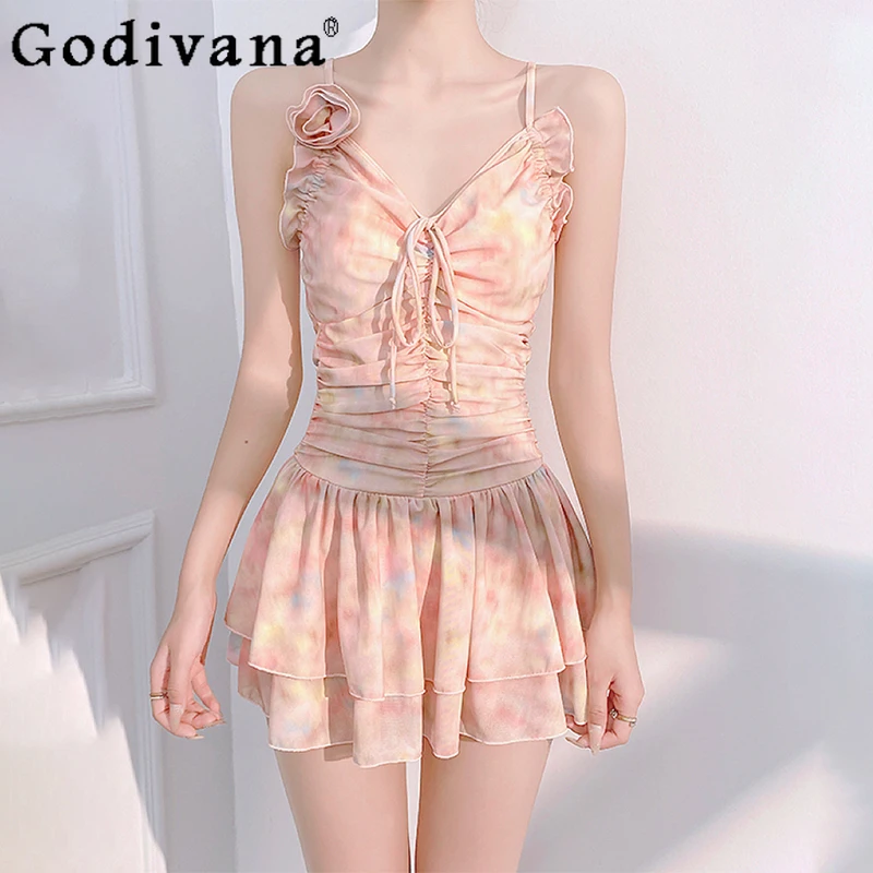 

Pink Print V-neck Lace-up Pool Swim One-piece Conservative Sexy Swimsuit 2025 Summer Girl New Flower Backless Fairy Swimwear