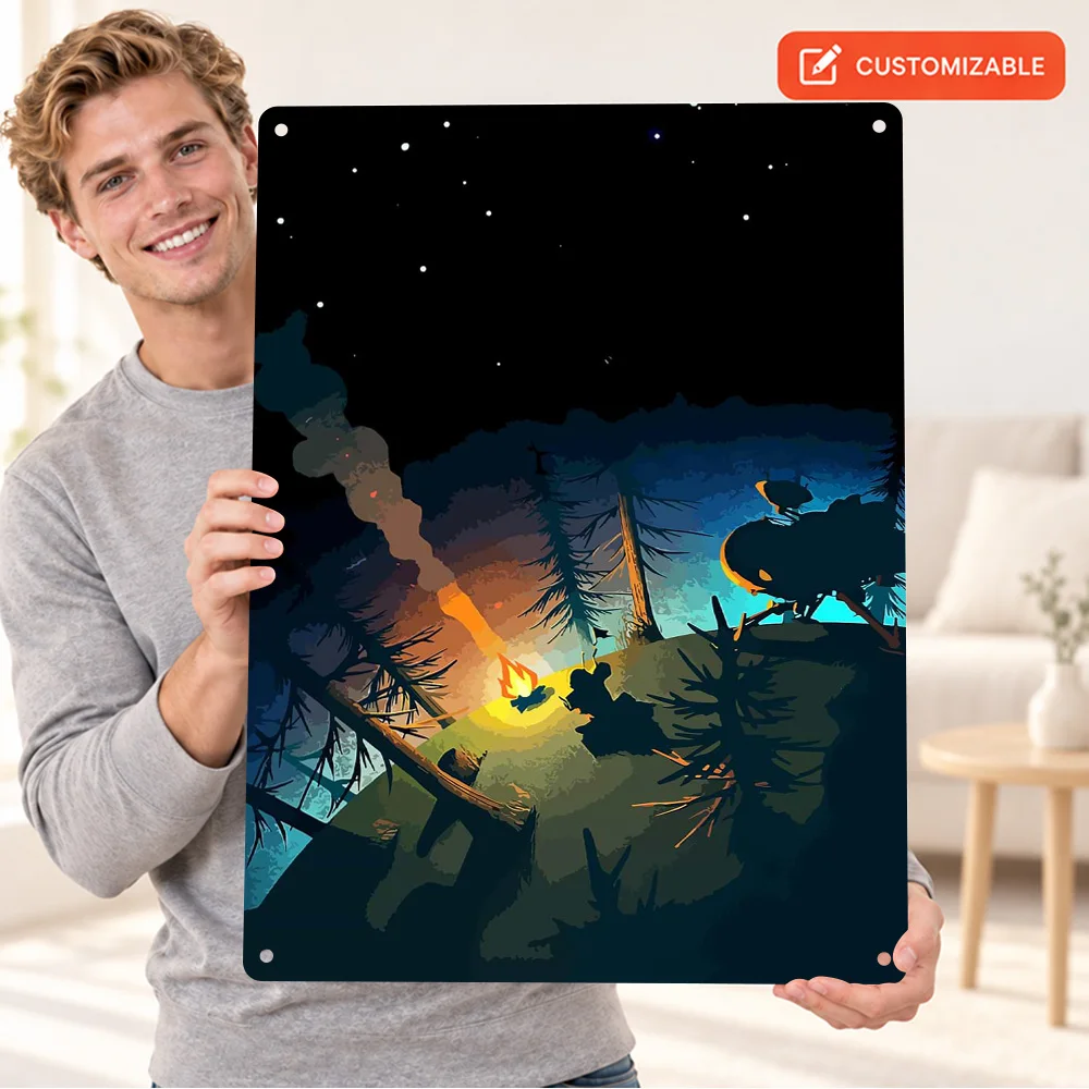 Astronaut Campfire Printed Poster Customized Aluminum Metal Sign Surreal Cosmic Illustration Wall Art For Bedroom Birthday Gift
