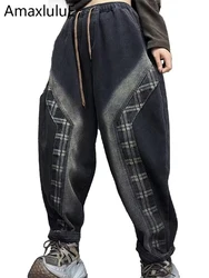 Amax luluE 2024 Plaid Fur Females Winter Denim Pants Vintage Leisure Fashion Jeans Warm Thicken Harem Trouser Elastic Streetwear