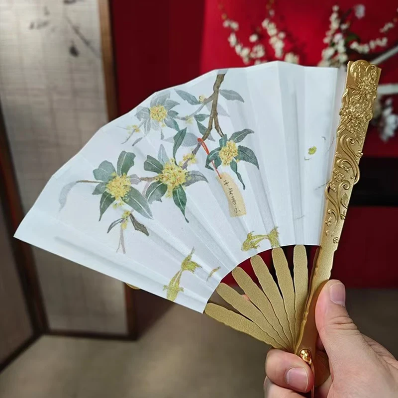 7 Inch Chinese Folding Fan, Moon Osmanthus Rabbit Pattern Cloth Surface Manganese Steel Ribs Hand Fan for Hanfu Cosplay Decor